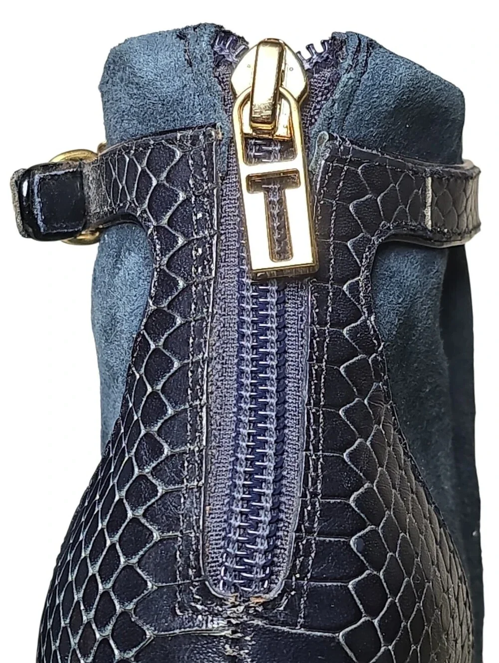 Tory Burch Navy Suede & Black Croc-Trim Ankle Booties, Size 7.
